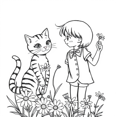 Cat and Girl Picking Daisies