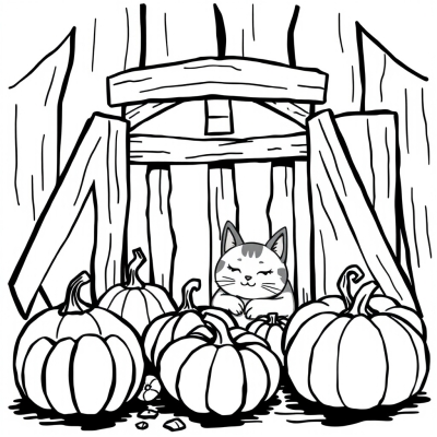 Cat in the Barn with Pumpkins