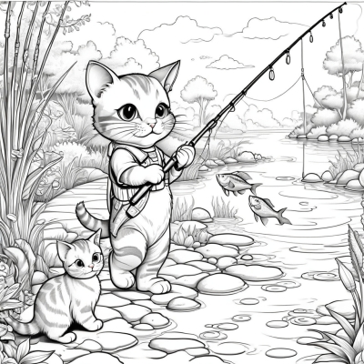 Cat Chasing Boy with a Fishing Rod