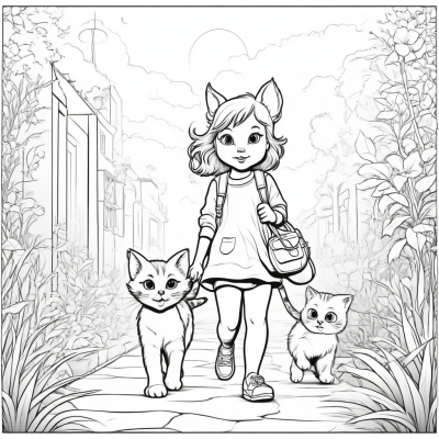 Cat Walking by a Girl