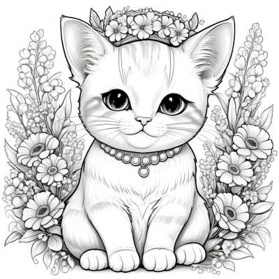 Cat with a Floral Wreath