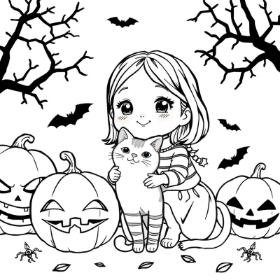 Cute Girl with a Cat on Halloween