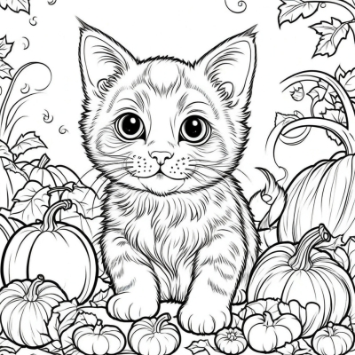 Cute Kitten with Pumpkins
