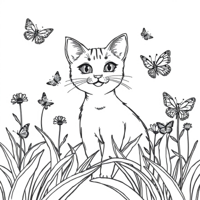 Cat and Butterflies in the Field
