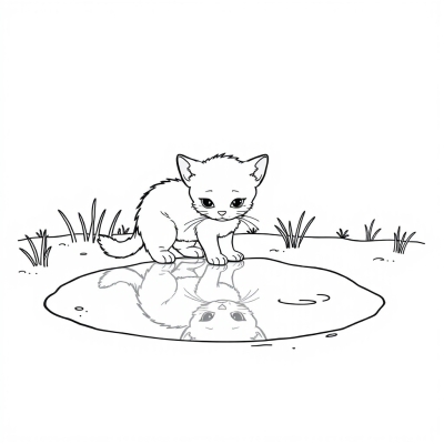 Kitten Looking at Its Reflection in a Puddle