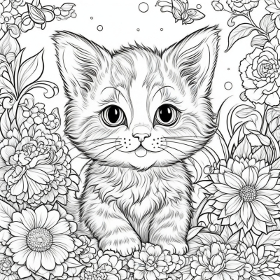 Kitten with Beautiful Flowers