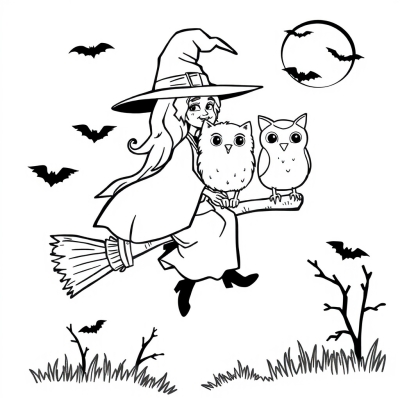 Witch on a Broom with a Cat and an Owl