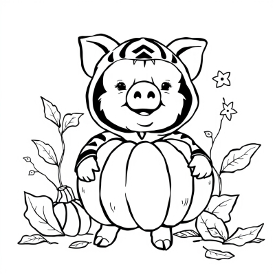 Piglet with a Pumpkin in a Tiger Costume