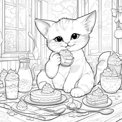 Cat Drinking Milk and Eating Cake
