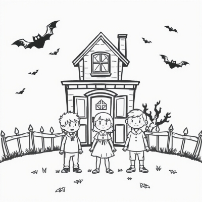 Three Kids in Front of a Haunted House