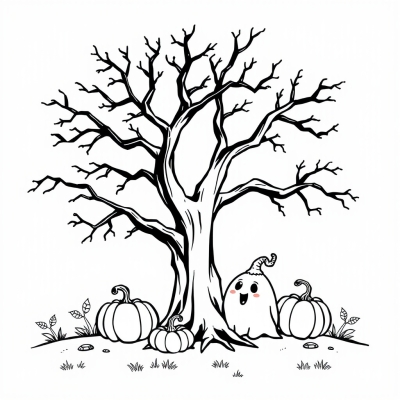 Tree with Pumpkins and a Cute Ghost