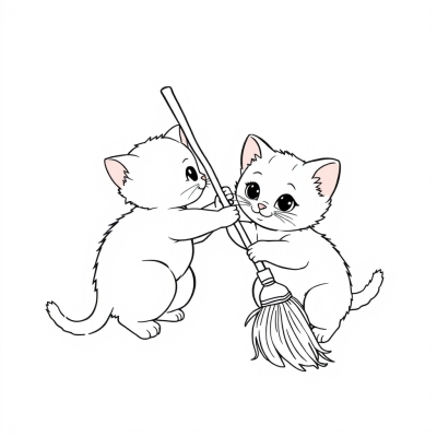 Two Kittens Playing with a Broom