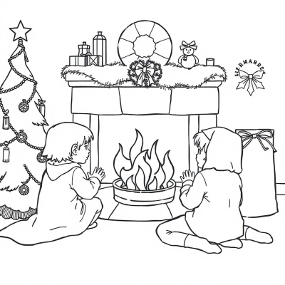 Christmas. Children by the Fireplace