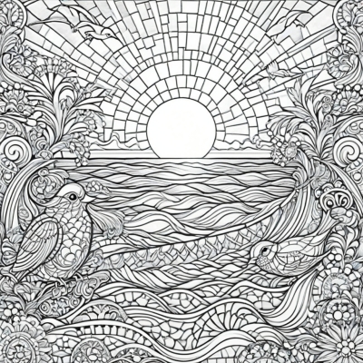 Complex Mosaic with Waves, Birds, and Sunset