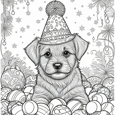 Puppy in a New Year Hat with Balloons