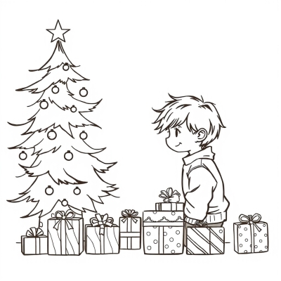 Boy by the Christmas Tree with Gifts