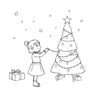 New Year. Girl Decorating the Tree