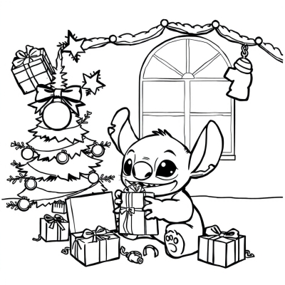 Stitch by the Christmas Tree with Gifts