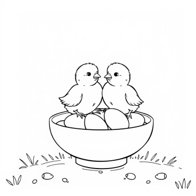 Two Chicks on a Bowl with Eggs