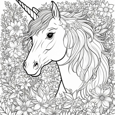 Unicorn Head in Flowers and Stars