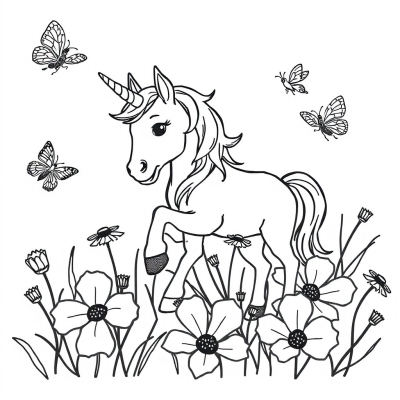 Unicorn in Flowers, Bees and Butterflies