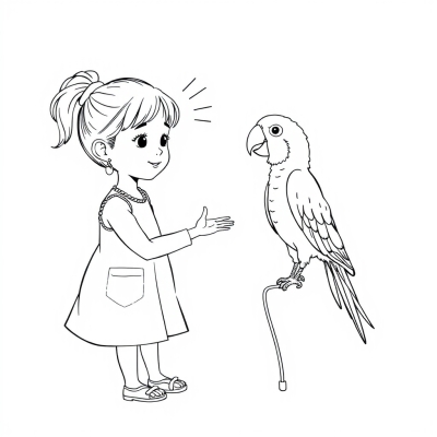 Girl Teaching a Parrot to Talk