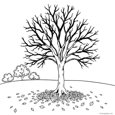 Bare Tree in Autumn with Falling Leaves