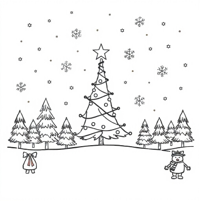 Christmas Tree and Snowflakes in Winter