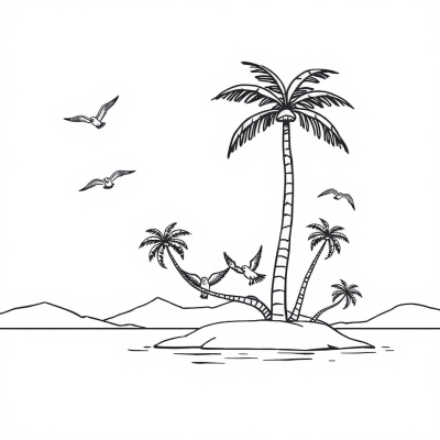 Palm Tree on an Island with Seagulls