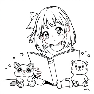Anime Girl Reading a Book to Toys