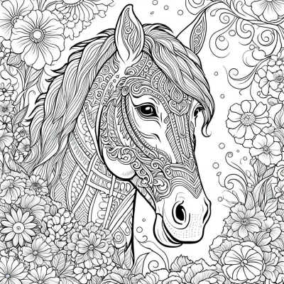 Horse Head in Flowers Coloring Therapy