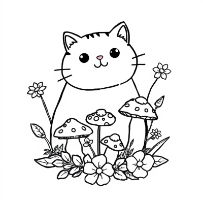 Pusheen Cat with Mushrooms and Flowers Mandala