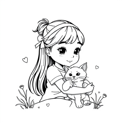 Cute Girl with Kitten