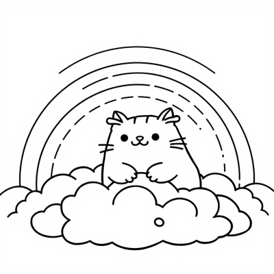 Pusheen in Clouds and Rainbow