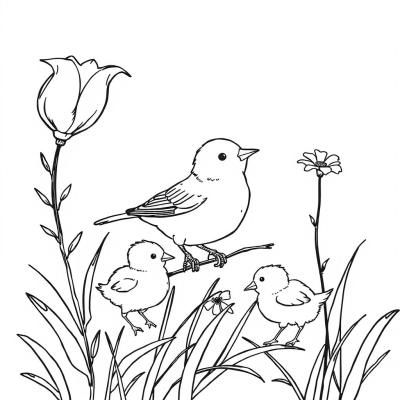 Bird with Chicks in Spring