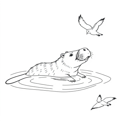 Capybara Swimming with Birds