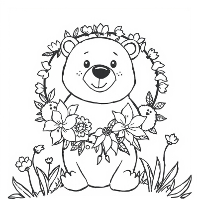 Cartoon Bear with a Floral Wreath