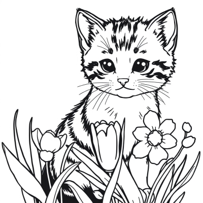 Cute Kitten in Spring Flowers