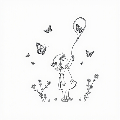 Girl Catching Butterflies with a Net