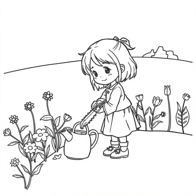 Girl Watering Flowers