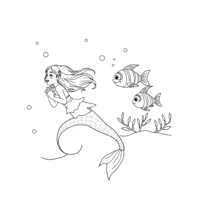 Mermaid and Fish Swim on the Wave