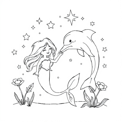 Mermaid with Dolphin and Starry Night