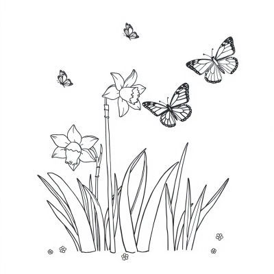 Spring Daffodils and Cute Butterflies